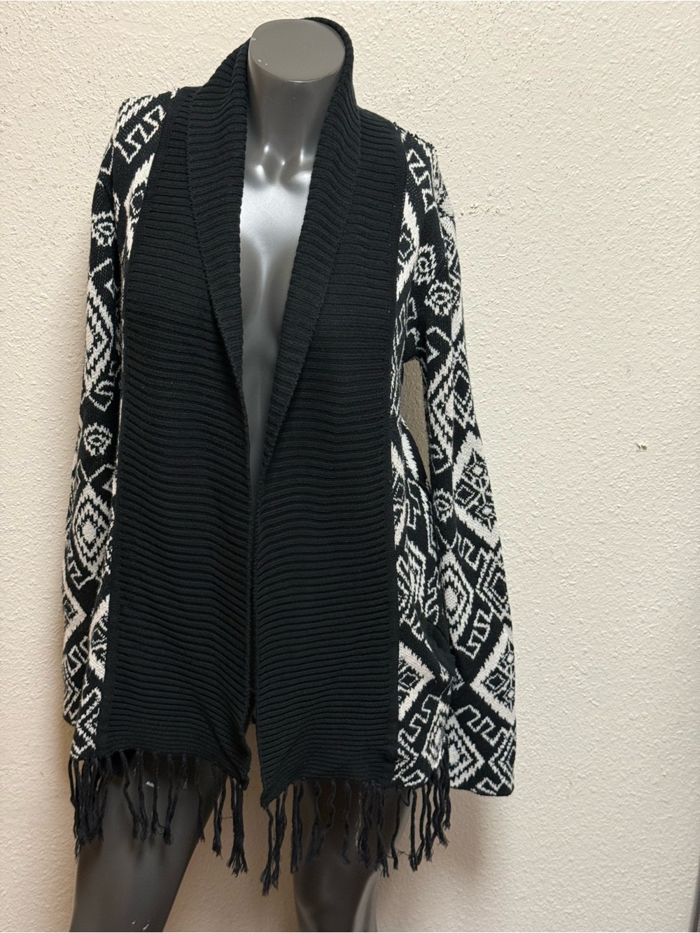 Billabong Black and White Fringe Open-Front Cardigan